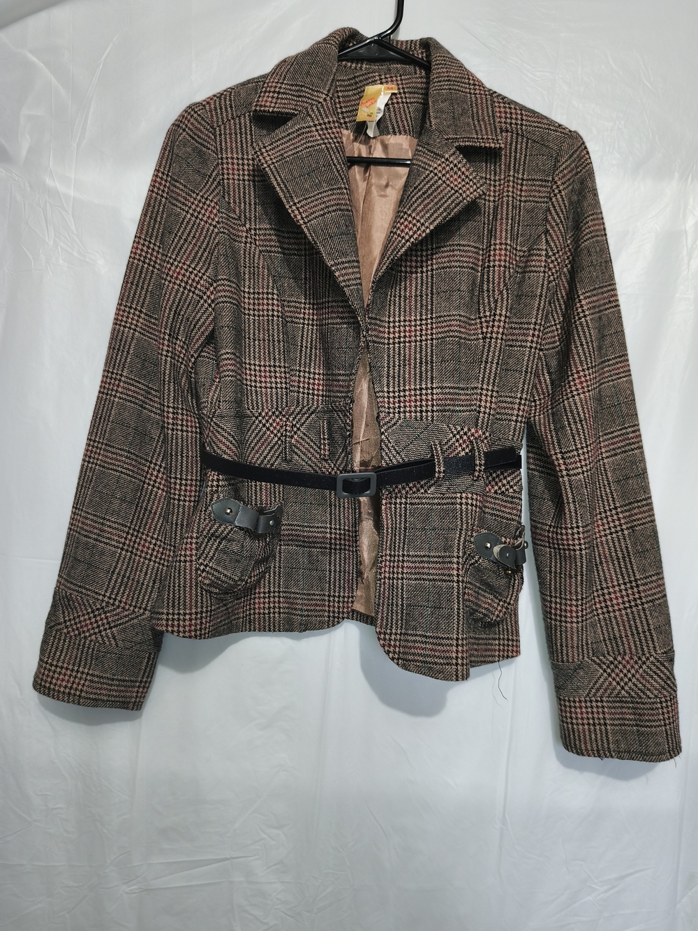 Plaid Belted Tailored Blazer Jacket - Brown